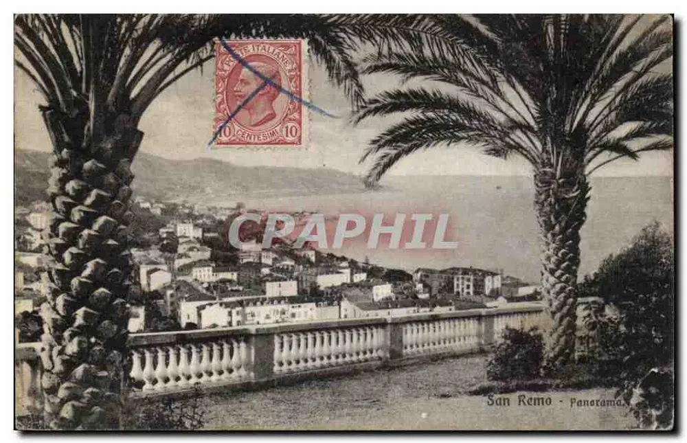 San Remo - Panorama — Ansicht von einer Terrasse zwischen zwei Palmen — unbekannter Verlag, Seriennummer nicht sichtbar - Vorderseite