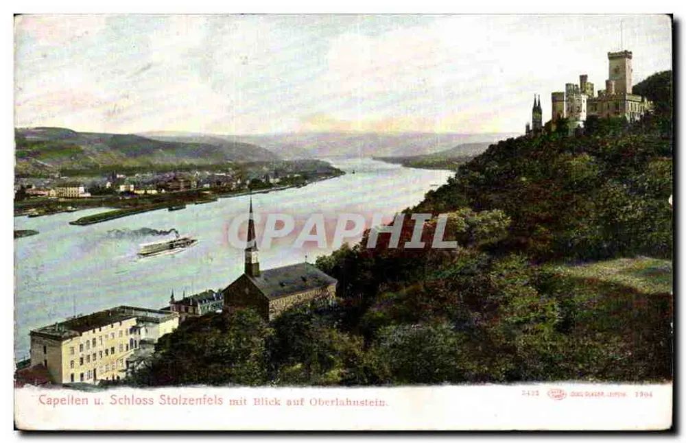 Capellen und Schloss Stolzenfels mit Blick auf Oberlahnstein — D-122, Verlag Oskar Jäger, 1904 - Vorderseite