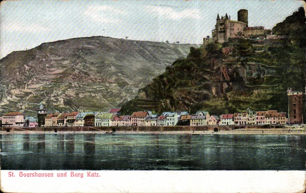 St. Goarshausen und Burg Katz — Ansicht des Rheins und des Schlosses — Verlag: Hornbach & Bechstedt, Köln - Vorderseite