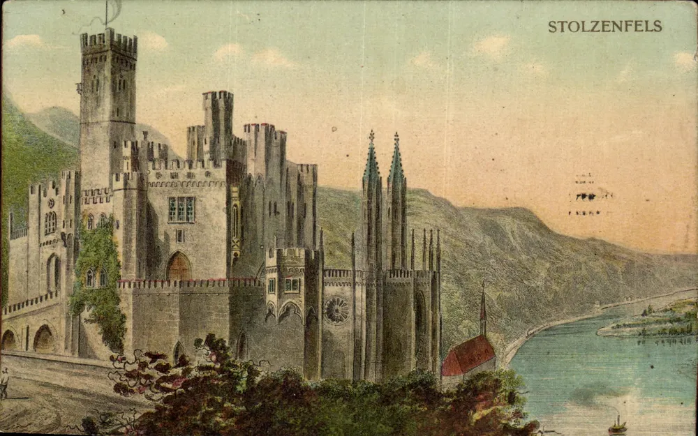 Castelo de Stolzenfels — vista panorâmica — editor Jac. Reischig, Capellen - Frente