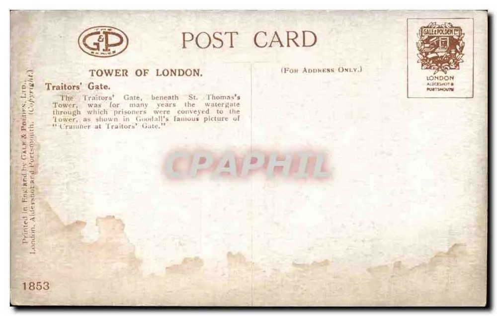 Tore der Verräter — Tower of London — Verlag Gale & Polden, Nr. 1853 - Rückseite