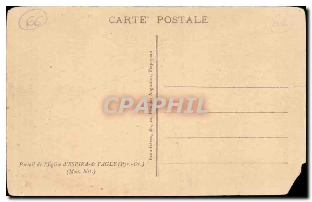 Portail de l'Église d'Espira-de-l'Agly — éditeur Brun frères, 22, boulevard Augustins, Perpignan - Rückseite