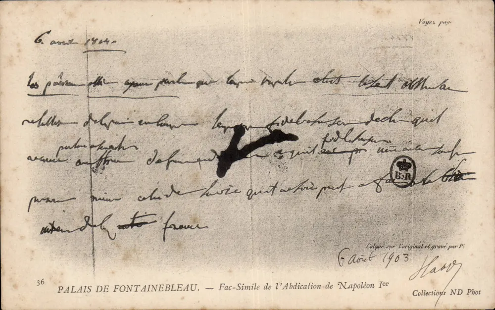 Palast von Fontainebleau — Faksimile der Abdikation Napoleons I. — Verlag: Collections ND Phot, Nr. 36 - Vorderseite