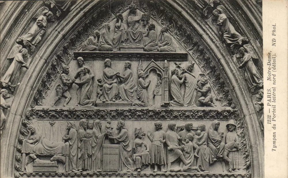 Paris — Nordseitiger Portal der Kathedrale Notre-Dame — Detail des Tympanons - Vorderseite