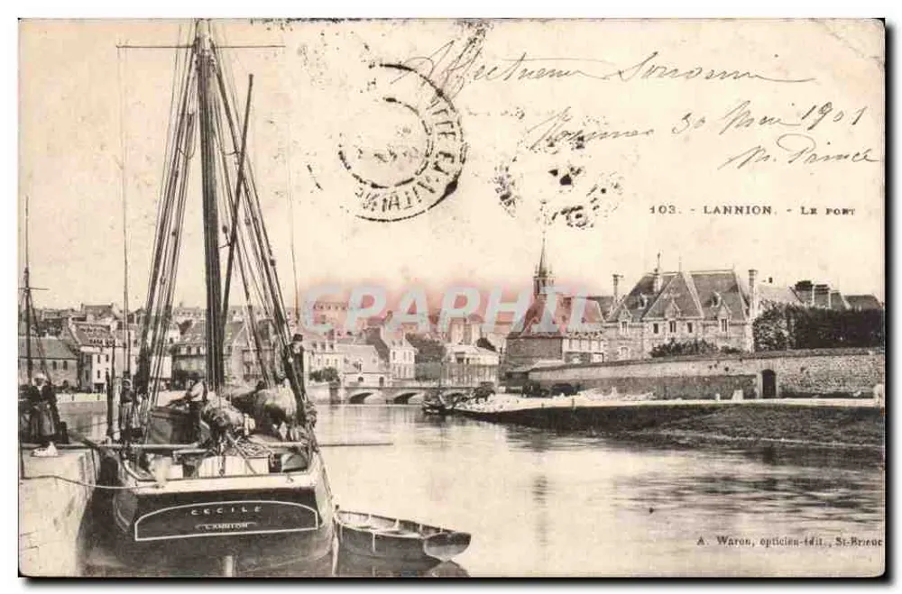 LANNION - LE PORT — vista do porto com o navio 'CECILE' — A. Waron, óptico, St-Brene - Frente