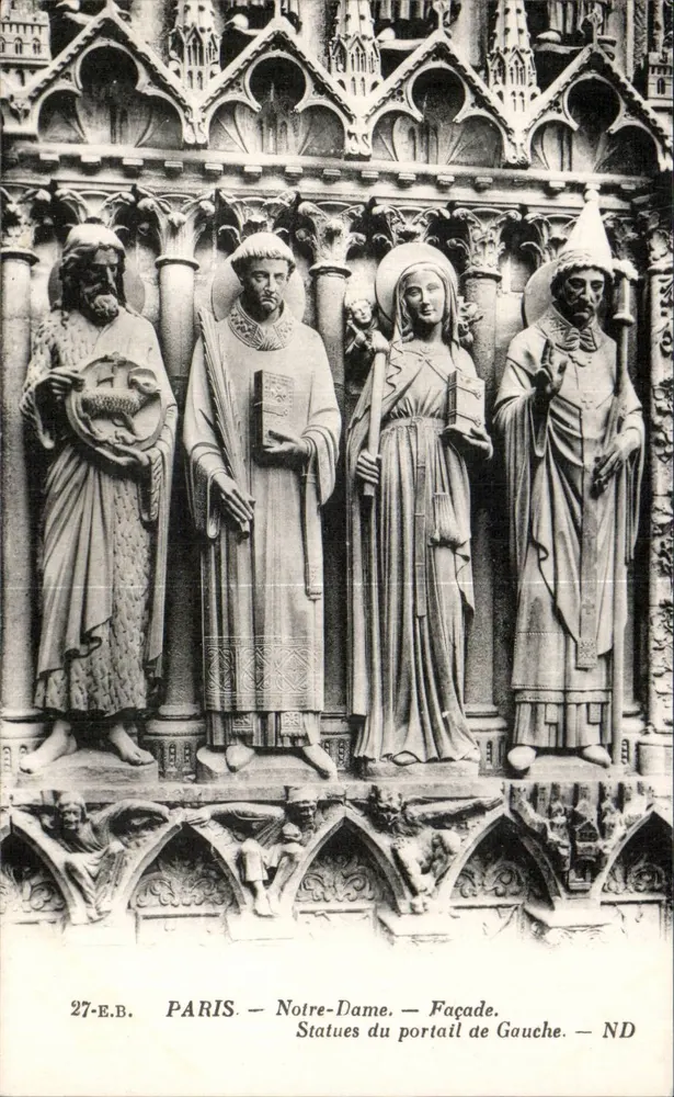 Paris — Notre-Dame — Linke Fassade — Statuen des Portals - Vorderseite