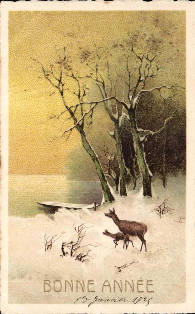 Zwei Hirsche in einer winterlichen Landschaft — Frohe Neujahrszeit 1. Januar 1925 — Verlag nicht sichtbar - Vorderseite