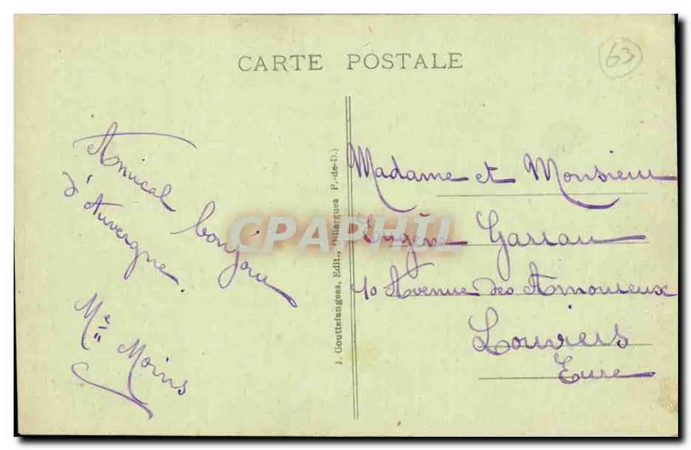 Le Mont-Dore - Vista geral — a. d'o. - 1419 — editor J. Gouttefanges, P. de-l’I. - Verso