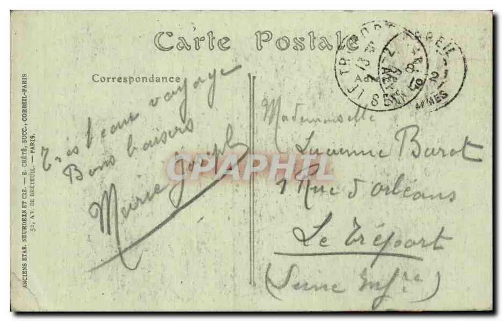 Correspondência de viagem — Antigos Estabelecimentos Neurdein e Cie, Corbeil-Paris - Verso