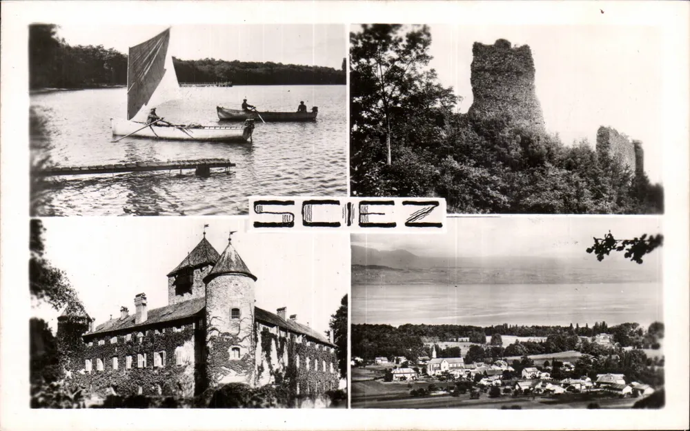 Sciez — vista do lago, das ruínas, do castelo e do vilarejo — editor Les Éditeurs CELLARD, n° 10270 - Frente
