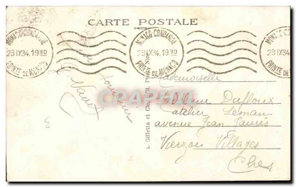 Mônaco - Palácio do Príncipe — série 721 — J.G. Collin & E. Hébrune - Verso