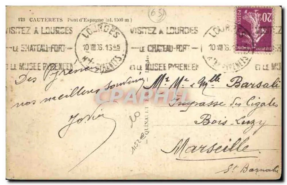 Ponte da Espanha — Cauterets — editor desconhecido, n° 123 - Verso