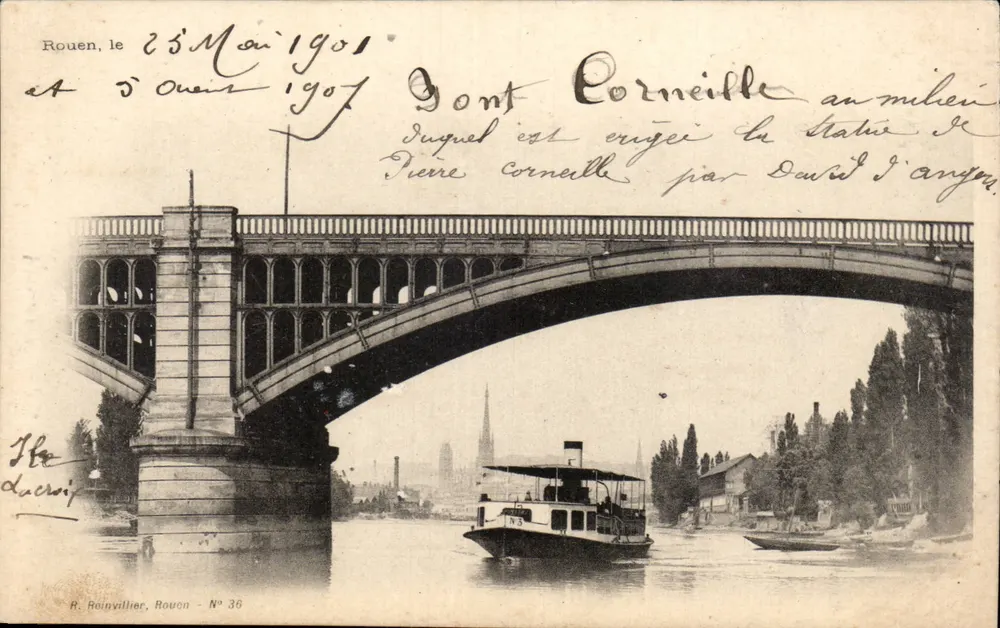 Rouen — Ponte Corneille com estátua de Pierre Corneille — R. Reinivillier, Rouen - N° 36 - Frente
