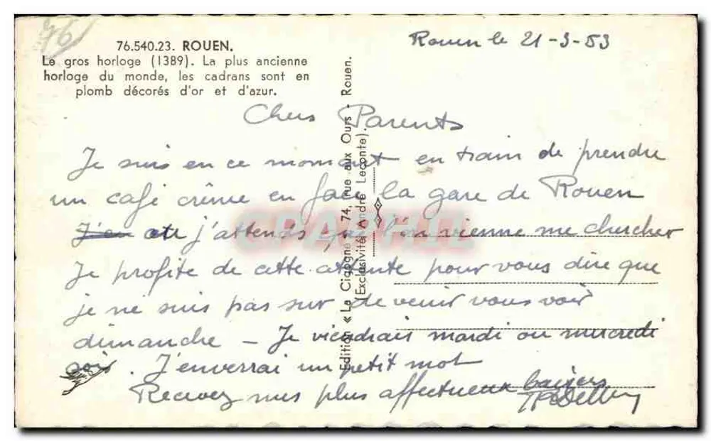 Cygula — Duży Zegar (1389) — Wydawca Cygula, nr 76.540.23 - Rewers