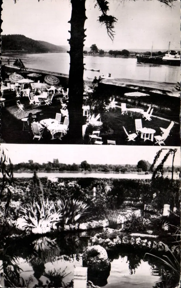 Blühende Terrasse am Seine — Forellenbecken — Hotel du Grand Sapin, Villequier (Seine-Inf.) - Vorderseite