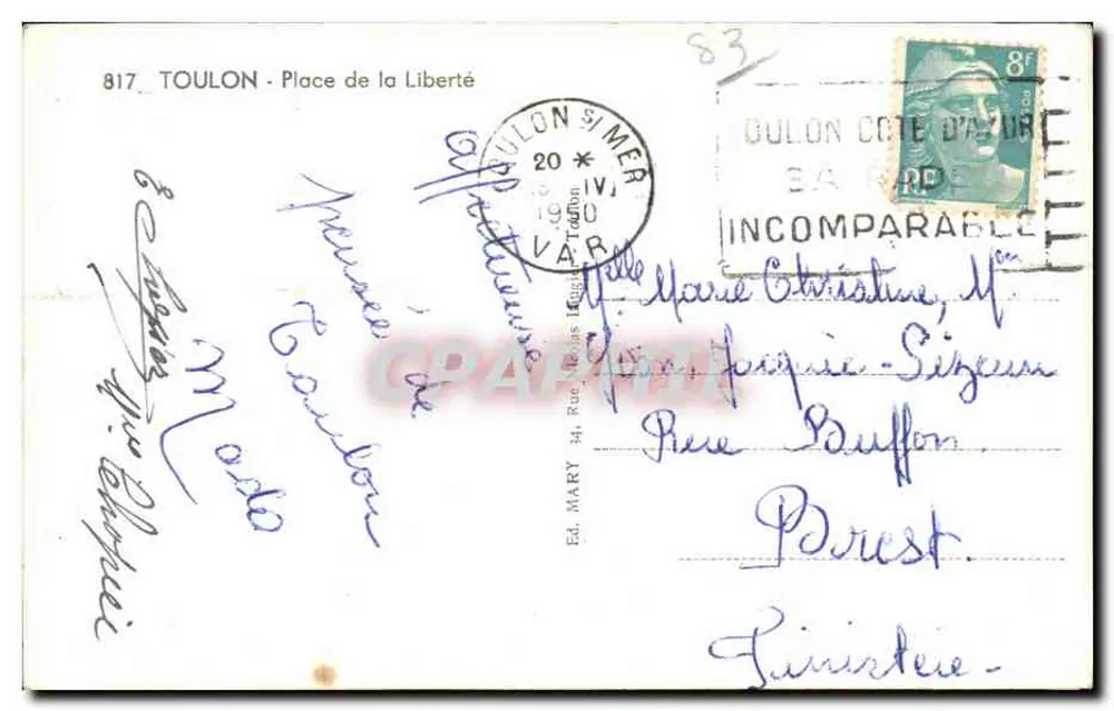 Praça da Liberdade em Toulon — vista de jardim com bancos e árvores — editor Mary, n° 817 - Verso