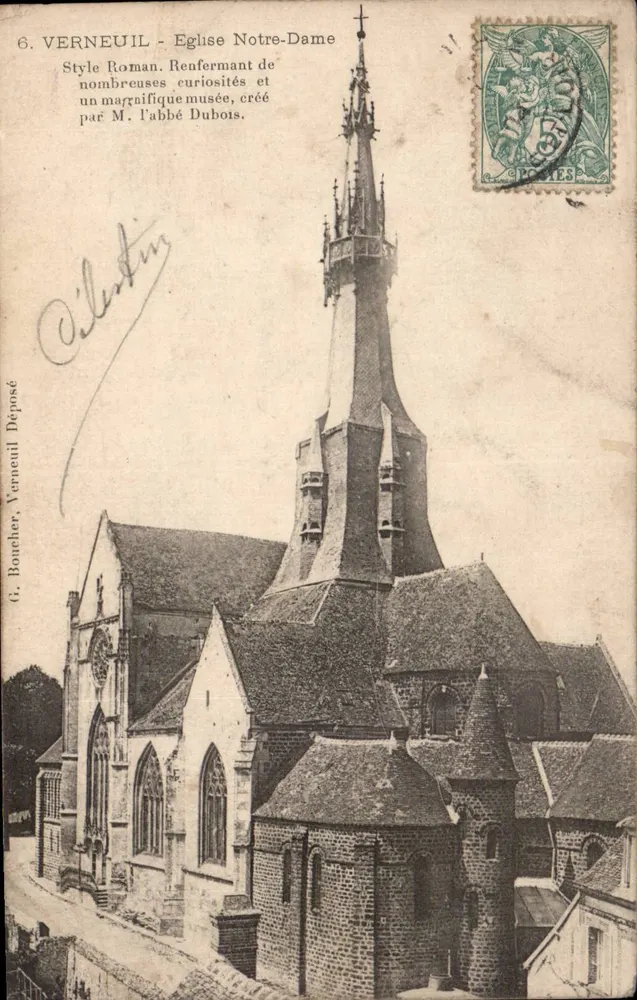 Verneuil - Kerk van Notre-Dame — Romeinse stijl, met veel curiositeiten, gemaakt door de heer abt Dubois — G. Boucher, Verneuil Ingeleverd - Voorkant