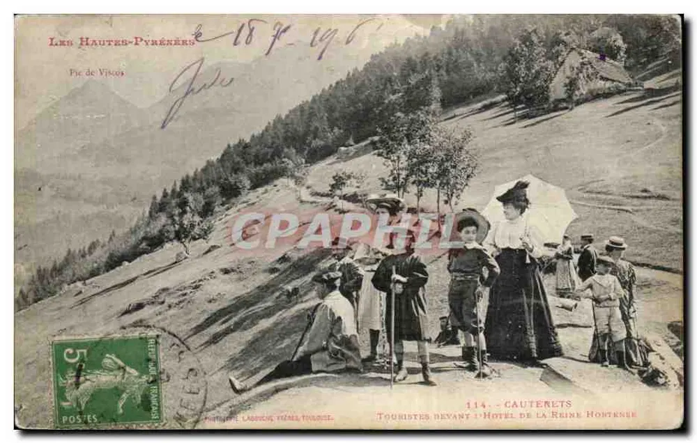 Cauterets — Tourists in Front of the Queen Hortense Hotel — Phototypie Lassouche, Toulouse, No. 114