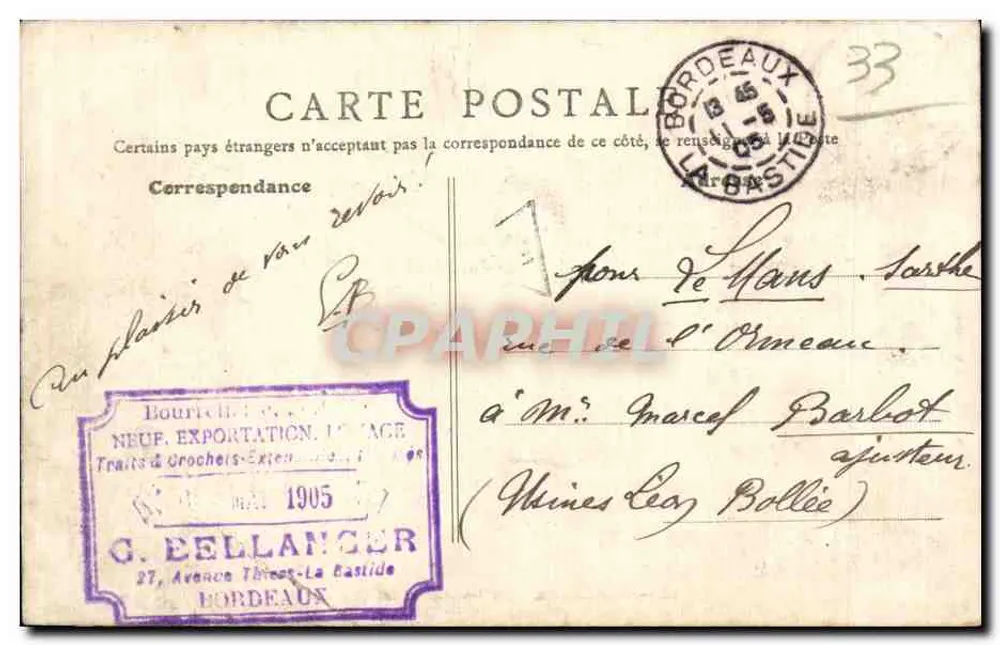 Bordeaux - A Alfândega e os Quais Sul — Novas Galerias, Bordeaux — editor G. Eellanger, n°23 - Verso