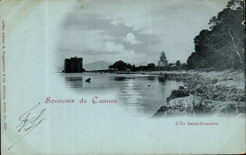 Ilha Saint-Honorat — vista noturna com castelo e igreja — Artel. Atelier H. Guggenheim & Co. editores, Zurique, N° 2569 - Frente