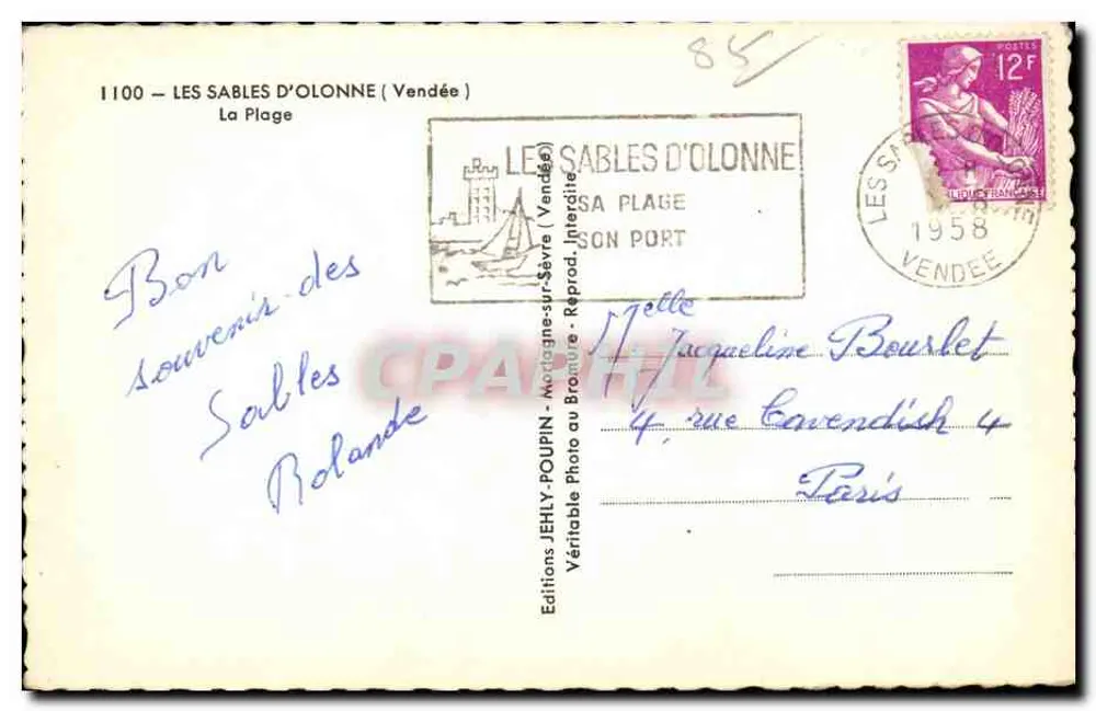 Les Sables-d'Olonne — A Praia — Edições Jehly-Poupin - Verso