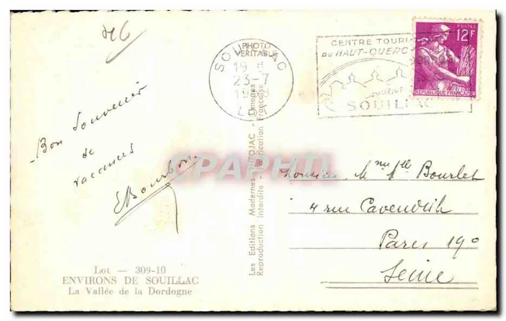 Chéojac — Vista de la valle de la Dordogne — Ediciones Modernas, serie 309-10 - Reverso