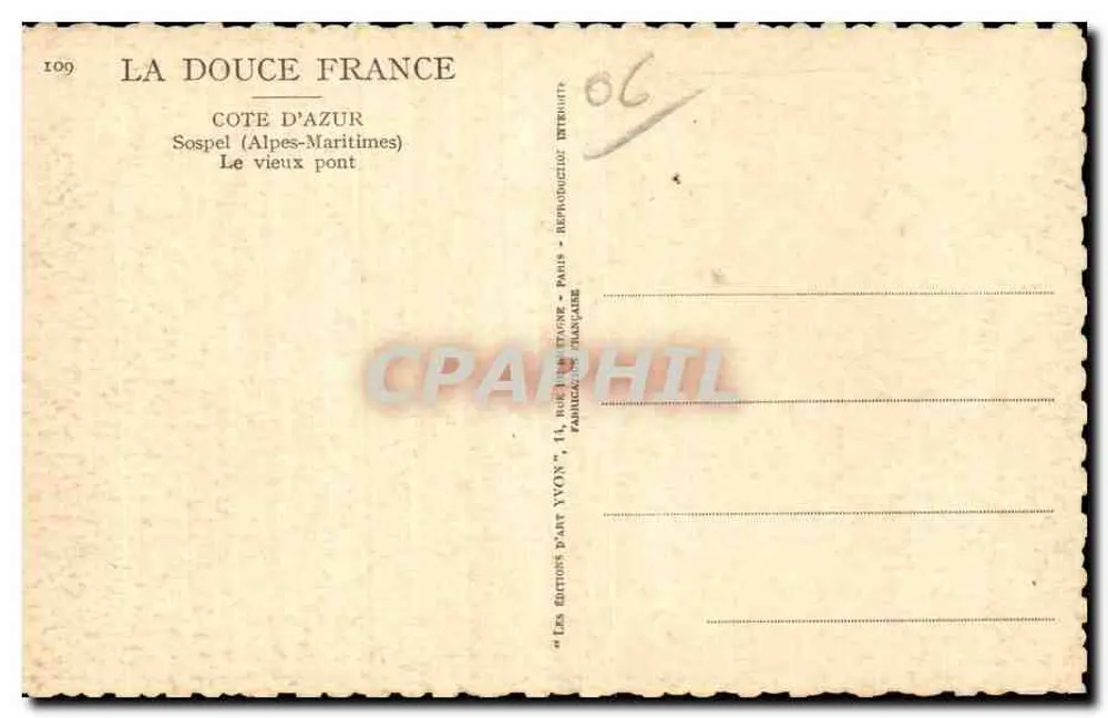 Sospel (Alpes-Maritimes) — Het oude brug — Edities D'Art Yvon, Parijs - Achterkant