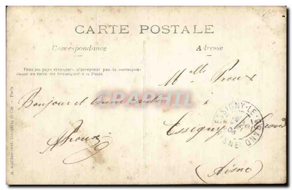 Quatro soldados em uniforme de campanha — acampamento militar — editor R. Goffinminot, Paris, número de série não visível - Verso