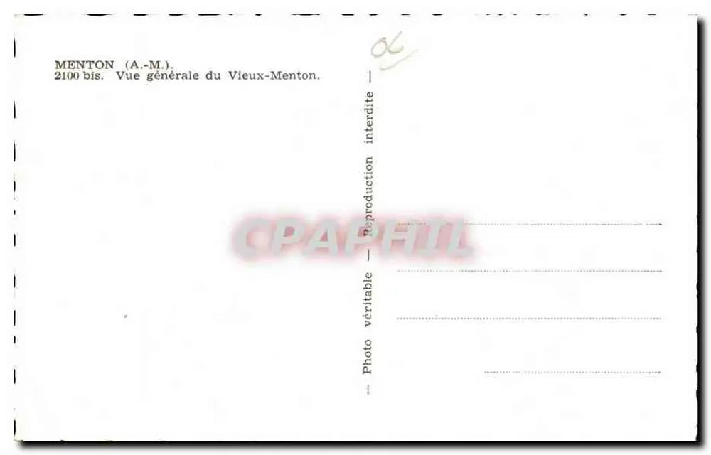 Menton — Vista geral do Vieux-Menton — editor A.-M. n° 2100 bis - Verso