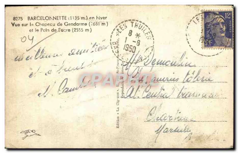 Barcelonnette — Blick auf den Chapecu de Gendarme und den Poin de Sucre im Winter — Edition « La Cigogne » - Rückseite