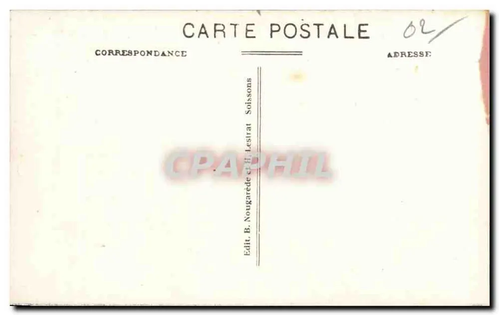 Soissons - A Estação — vista da estação com veículos e pedestres — Ed. B. Nougaredé & H. Lestrat - Verso