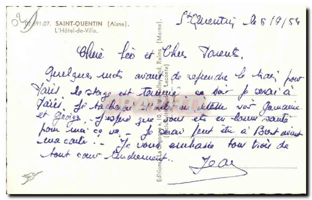 Hotel de Ville de Saint-Quentin — editor La Cigogne, n° 02.691.07 - Verso
