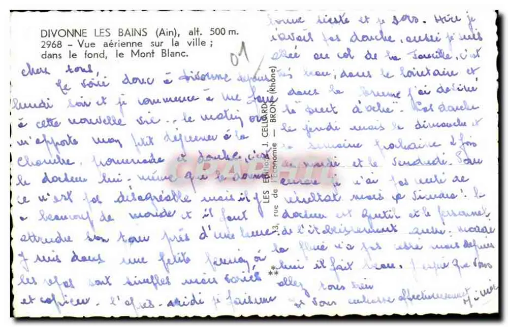 Divonne-les-Bains (Ain) — Luftbild der Stadt; im Hintergrund der Mont Blanc — Edition J. Cellard - Rückseite