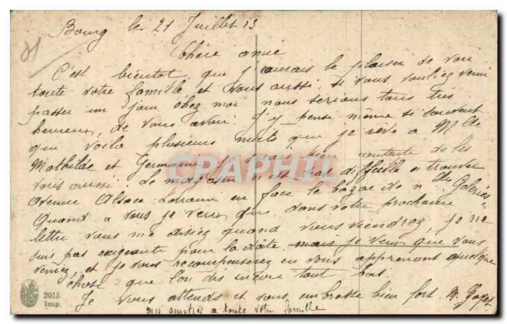 Bourg — Vista da rua com casa de madeira e carruagem a cavalo — Editor não identificado - Verso
