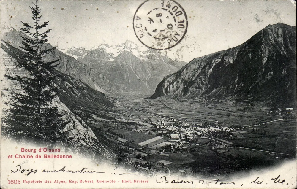 Bourg d'Oisans und Kette Belledonne — Papierfabrik der Alpen, Eug. Robert, Grenoble - Foto von Rivière - Vorderseite
