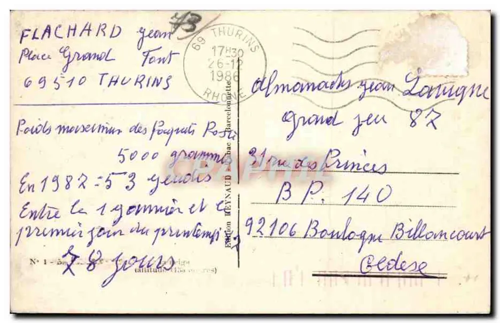 Thurins — vista panorâmica nevada — editor HEYNAUD, n°1 - Verso