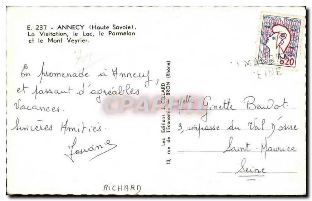 Annecey — Ansicht der Visitation, des Sees, des Parmelan und des Mont Veyrier — Éditions J. CELLARD - Rückseite