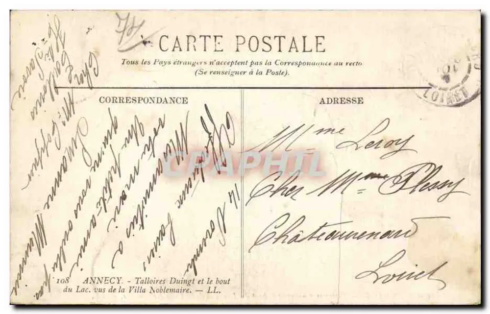 Annecy — Ansicht des Sees und der noblen Villa — anonymer Verlag, Nr. 108 - Rückseite
