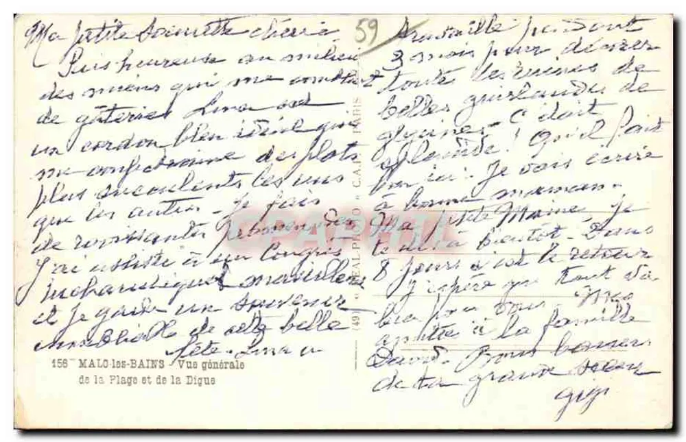 Malo-les-Bains — Vista geral da Praia e da Digue — editor C.A. Paris, n° 59 - Verso