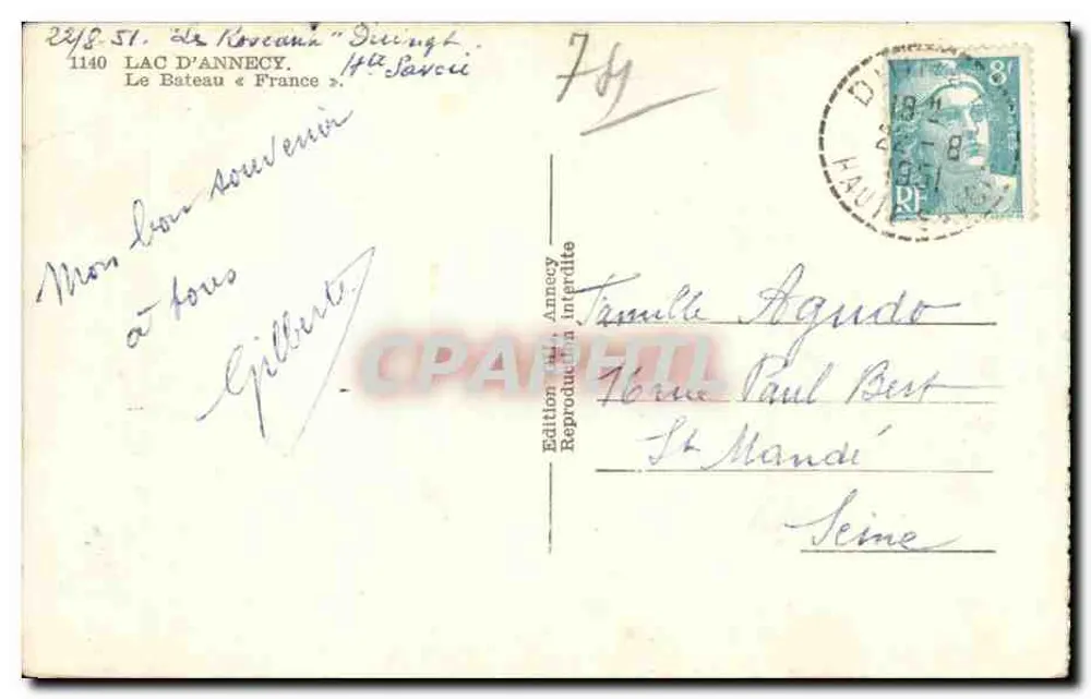 See Annecy — Das Boot « France » — Ausgabe 1914, Annecy, Nr. 2318-51 - Rückseite