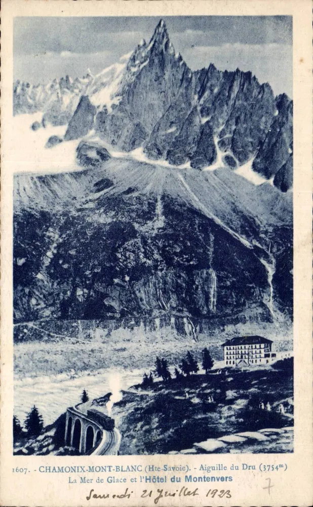Chamonix-Mont-Blanc (Haute-Savoie) — A Mar de Gelo e o Hotel do Montenvers — Agulha do Dru (3754m) — editor L. Fauraz, n° 1607 - Frente