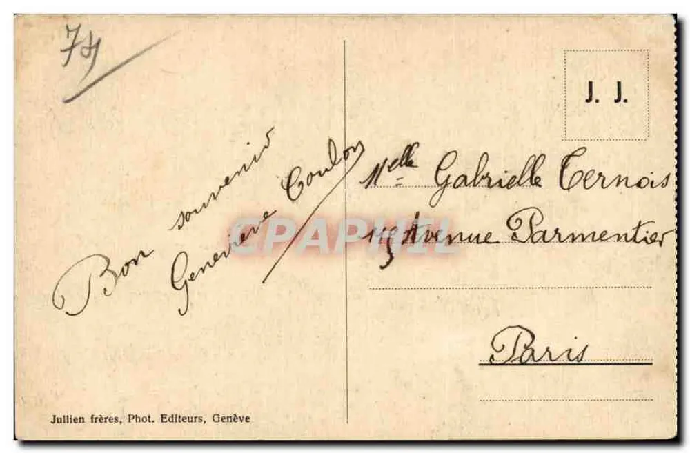 Saussure-Denkmal und Mont-Blanc in Chamonix — J.J. 1280 — Julillien frères, Genève - Rückseite