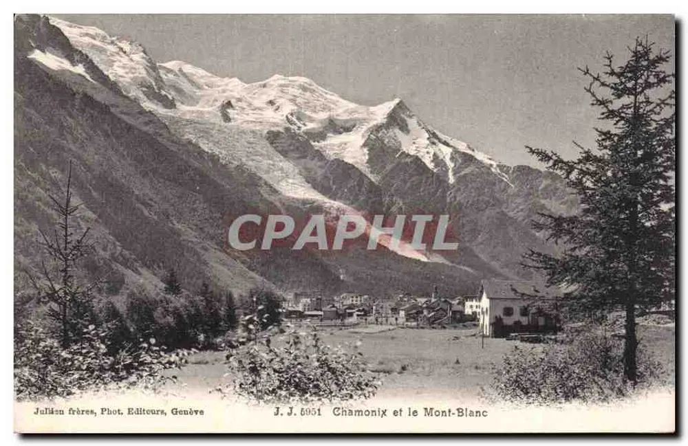 Chamonix e o Monte Branco — vista panorâmica — Julien frères, Fotografia. Editores, Genebra, n° J.J. 6951 - Frente