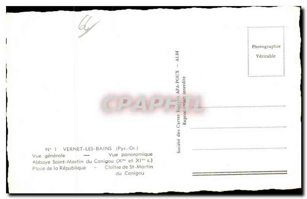 Vernet-les-Bains — Vista panorâmica e sítios históricos — Sociedade das Cartas Postais AFA-POUX - Verso