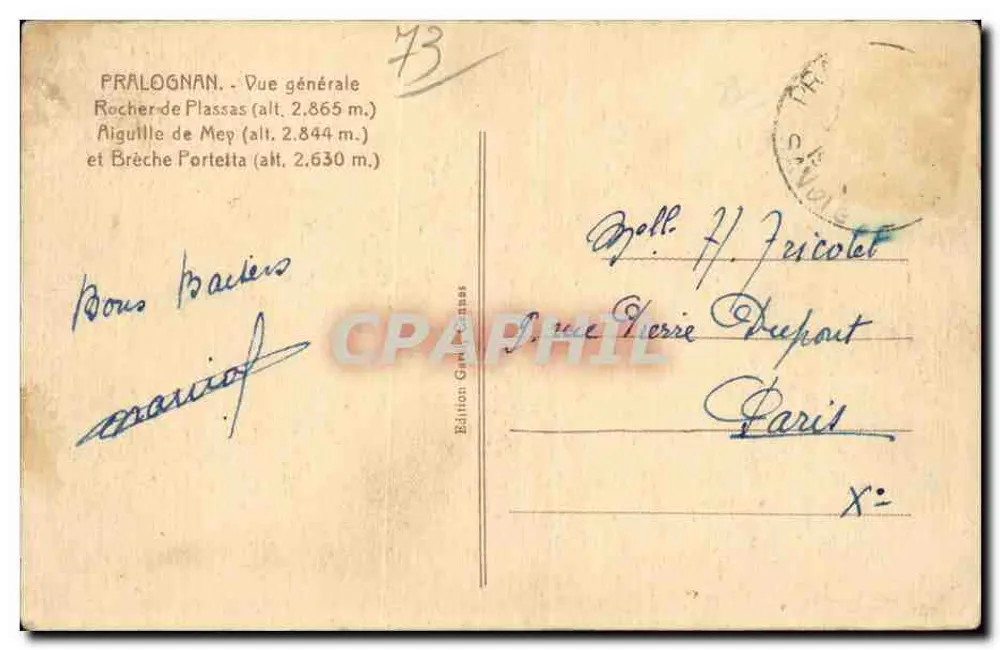 Pralognan — Vista geral do Rocher de Plassas, da Aiguille de Mep e da Brèche Portetta — Edição G. Plassas - Verso