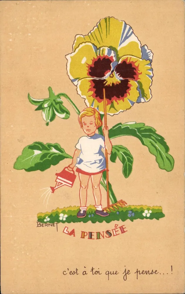 Kind, der eine Margerite gießt — Bernet — La Pensée - Vorderseite