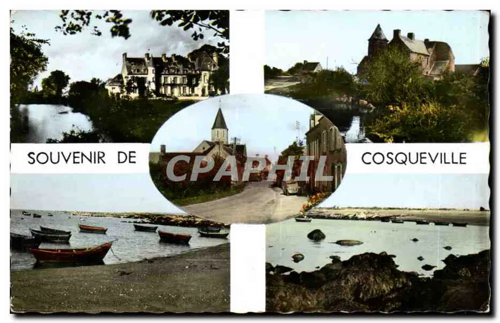 Cosqueville — vista da praia, do castelo e da igreja - Frente