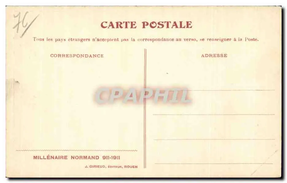 Cena pastoril com barcos — Editor J. Girieud, Rouen — Série Milênio Normando 911-1911 - Verso