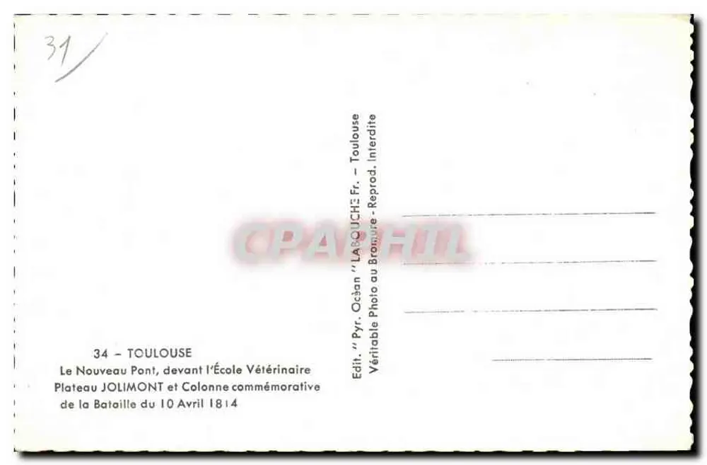 Toulouse — Plateau Jolimont et Colonne commémorative — Édit. Océan - Verso