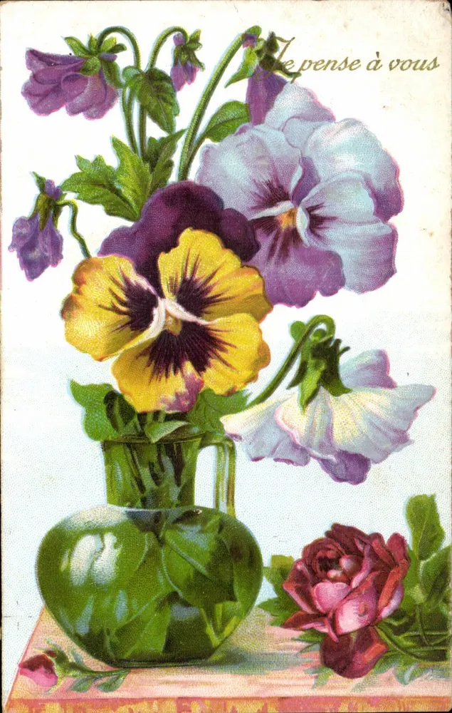 Fleurs dans un vase — 'Je pense à vous' — éditeur et n° de série non lisibles - Recto